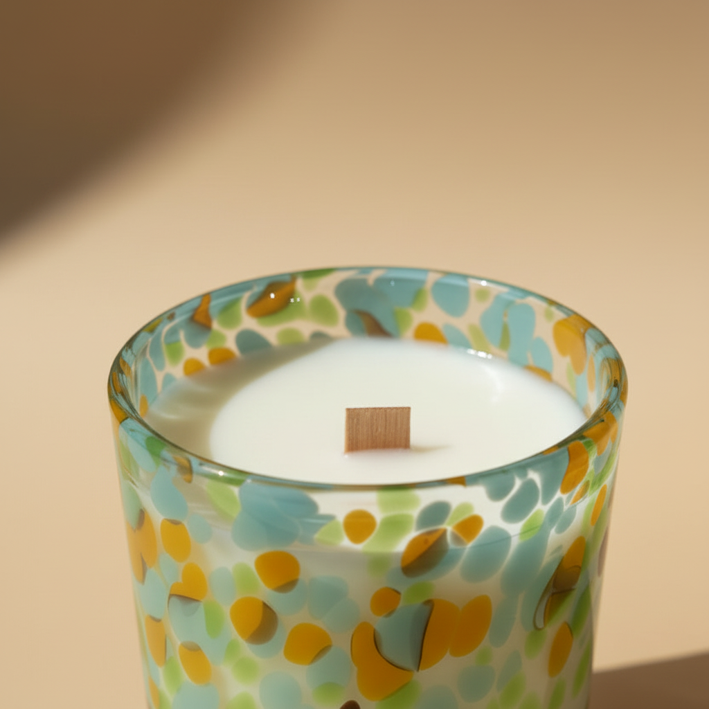 Candle in a colorful glass holder on a beige background