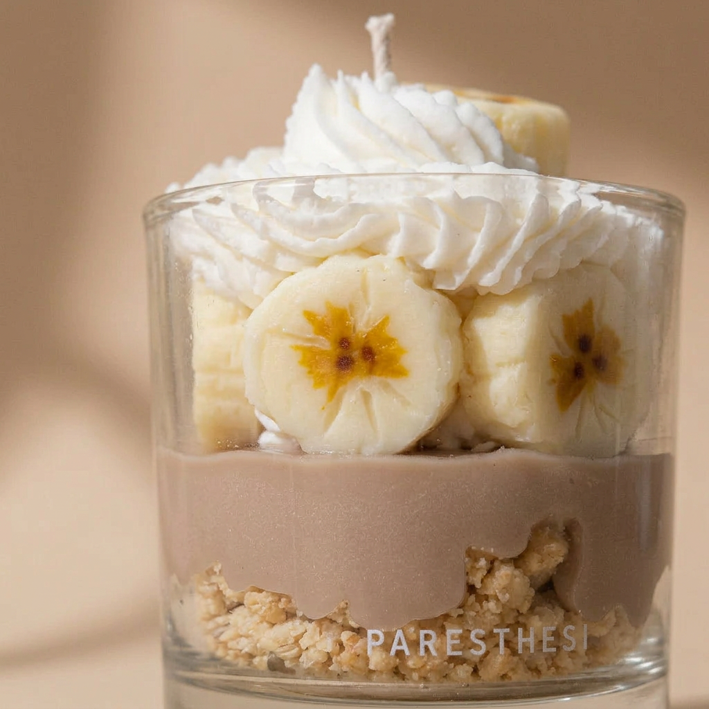 A dessert parfait in a clear glass cup with banana slices, whipped cream, and a light brown mousse layer, with the brand name PARESTHESI visible at the bottom.