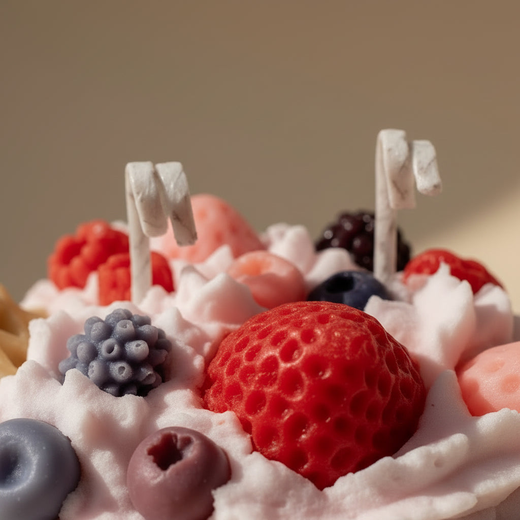 White cup filled with pink whipped cream, berries, and cookies candle on a white background