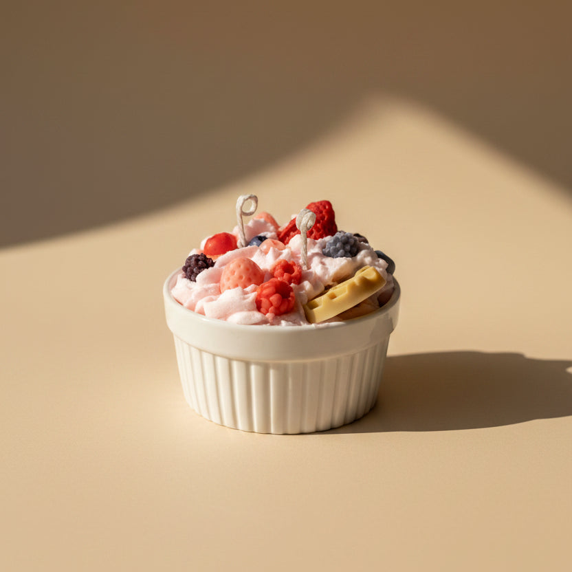 White cup filled with pink whipped cream, berries, and cookies candle on a white background