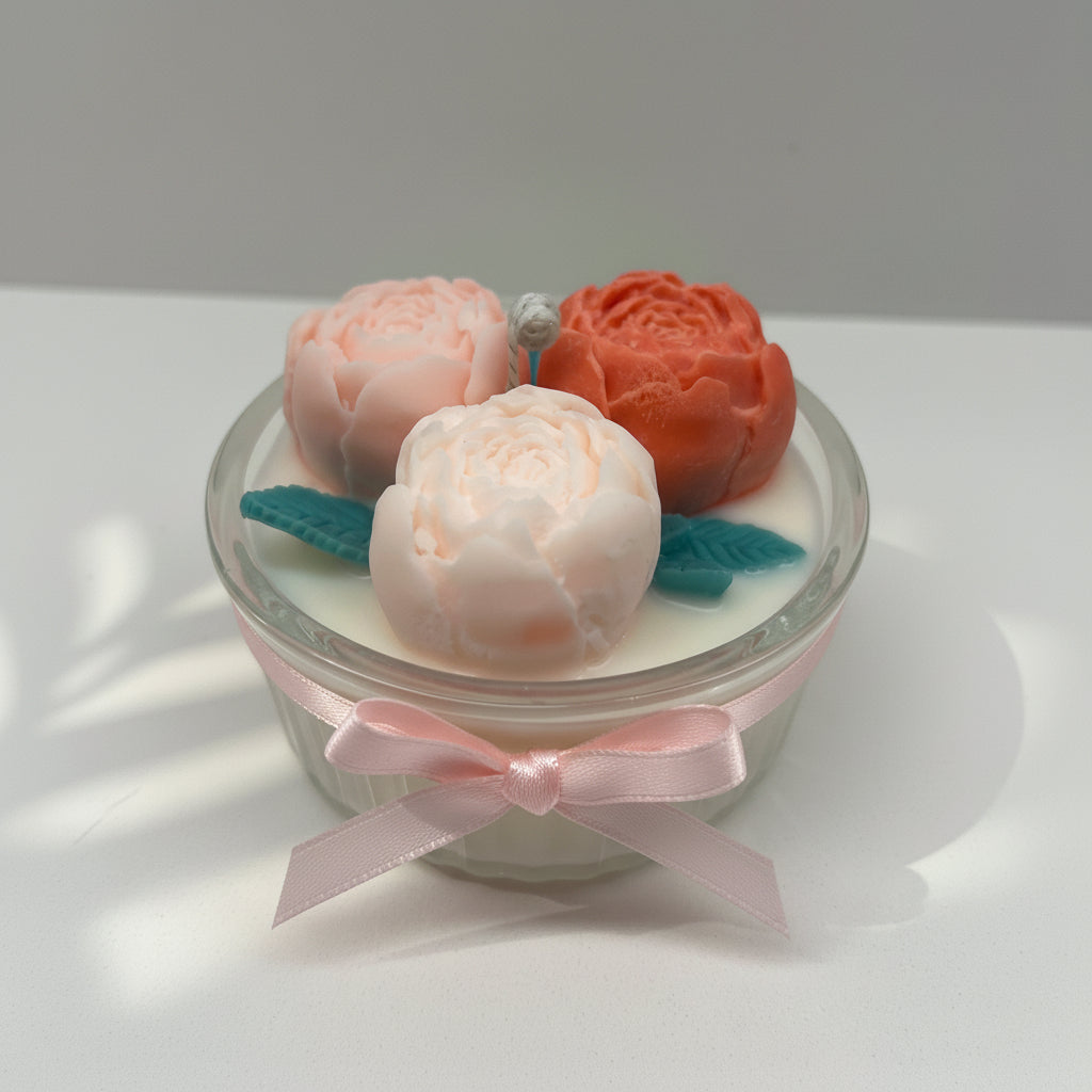 Three flower-shaped candles with a light pink ribbon in a glass container on a white background