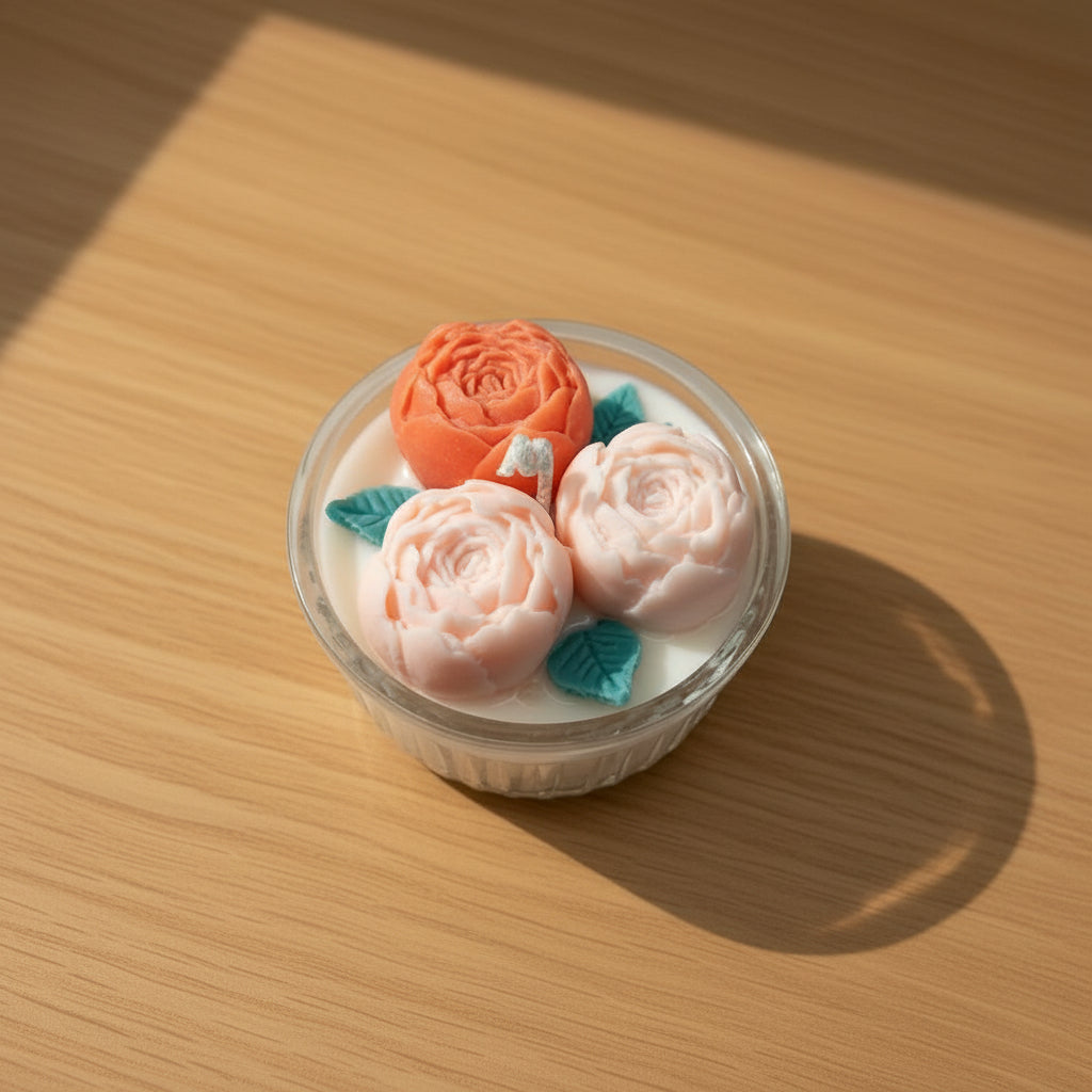 Three flower-shaped candles in a glass container on a wooden table background
