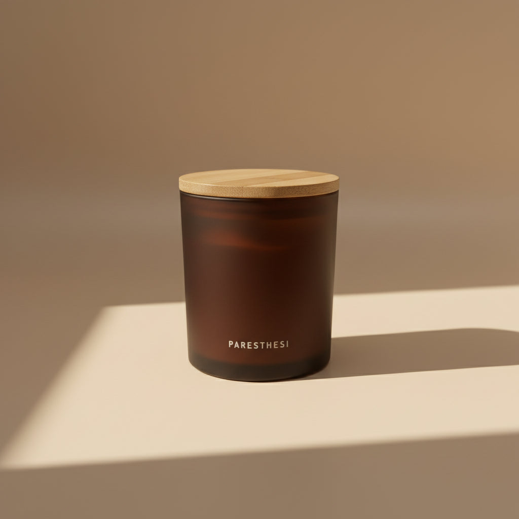 Brown Jar with wooden lid on a white surface and beige background