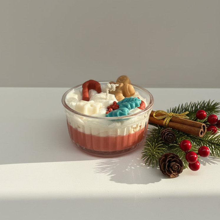 Decorative candle with a Gingerbread figure and festive elements on a white background