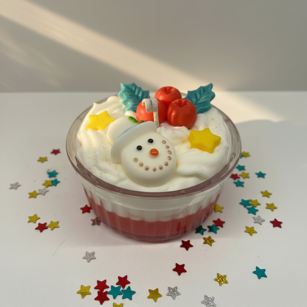 Decorative candle with a snowman figure and festive elements on a white background
