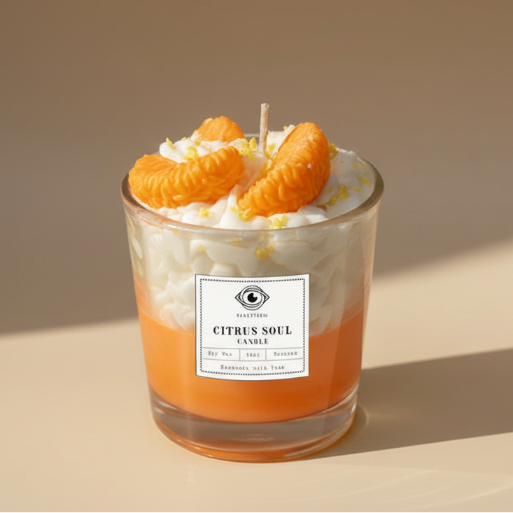 Candle in a glass jar with decorative elements on a beige background