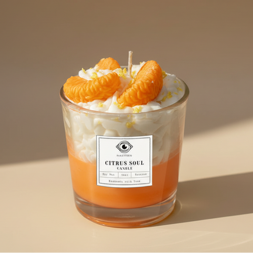 Candle in a glass jar with decorative elements on a beige background