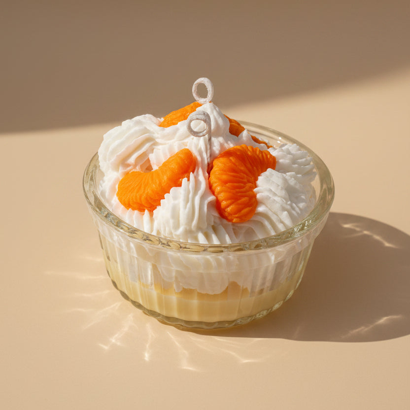 A candle that looks like a dessert in a glass bowl with whipped cream and mandarin slices on a beige background