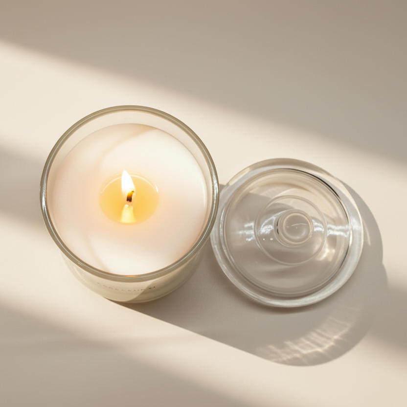 Candle in a glass jar with a lid on a beige background