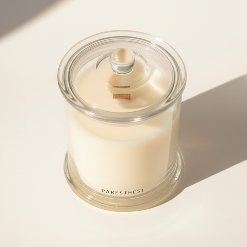 Glass candle jar with a wooden wick on a light background