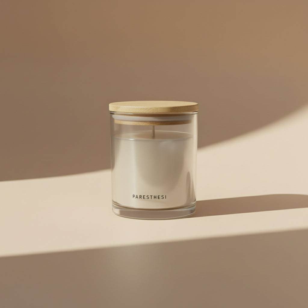 Clear Jar with wooden lid on a white surface and beige background