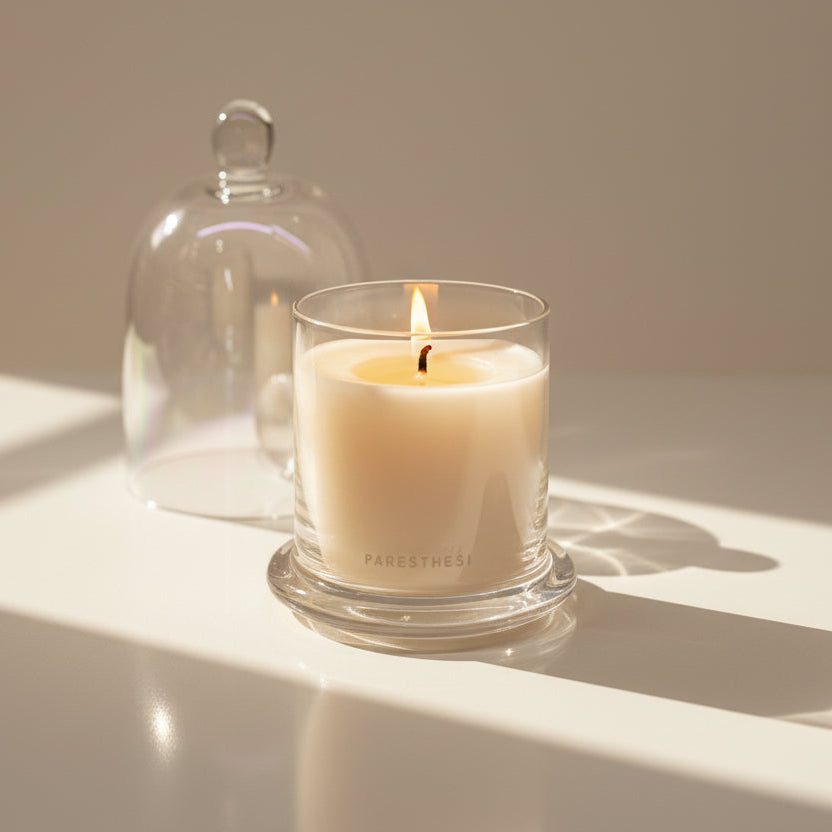 Candle in a glass holder with a bell jar on a light surface