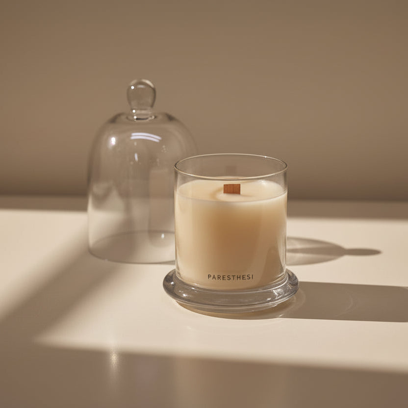 Clear glass tumbler with 'PARESTHESI' branding on a light surface with soft shadows.