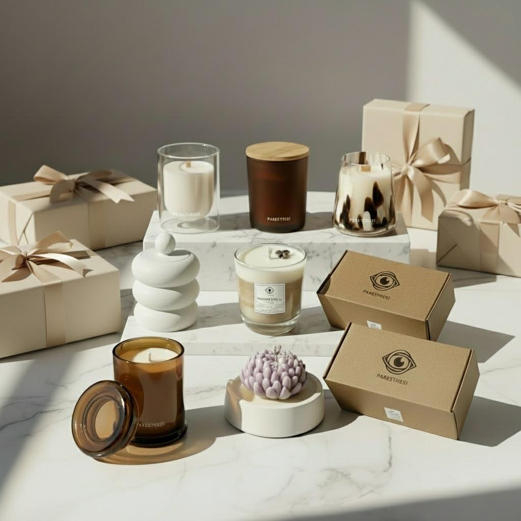 Collection of candles and gift boxes on a marble surface with a neutral background