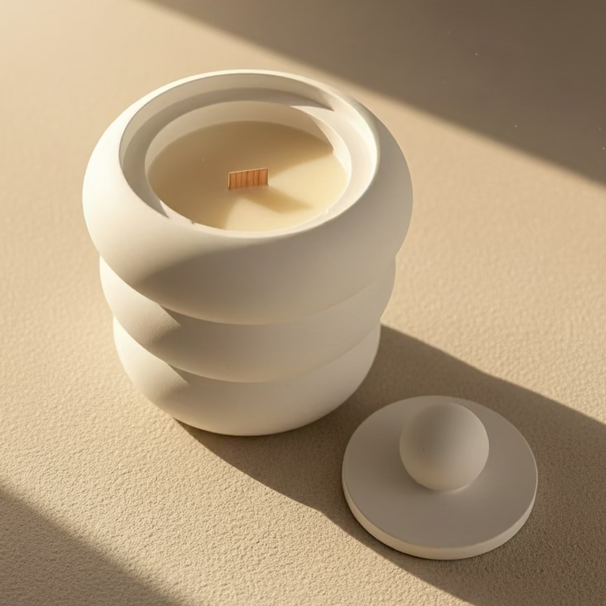 White ceramic candle holder with a lit candle on a beige surface