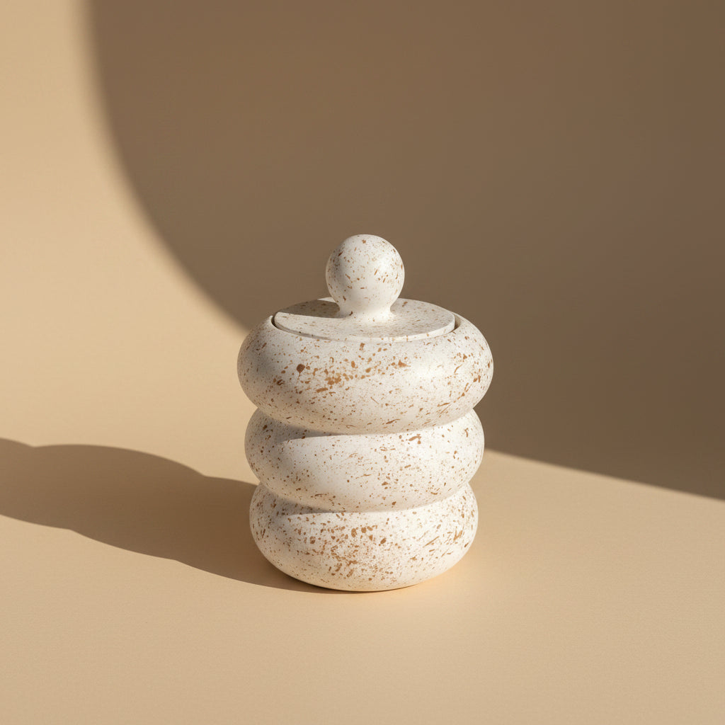 White Porcelain Candle Jar with a lid on a light surface with a beige background