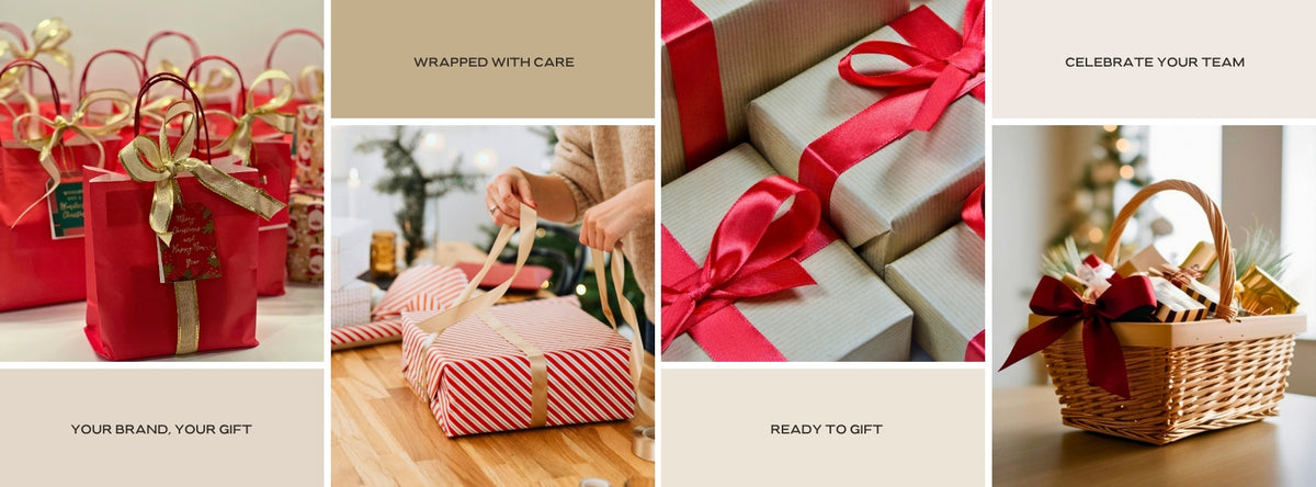 A six-panel collage showcasing gift packaging solutions, including red paper gift bags with gold handles, wrapped presents with red ribbons, striped gift boxes, and a wicker basket filled with holiday treats.