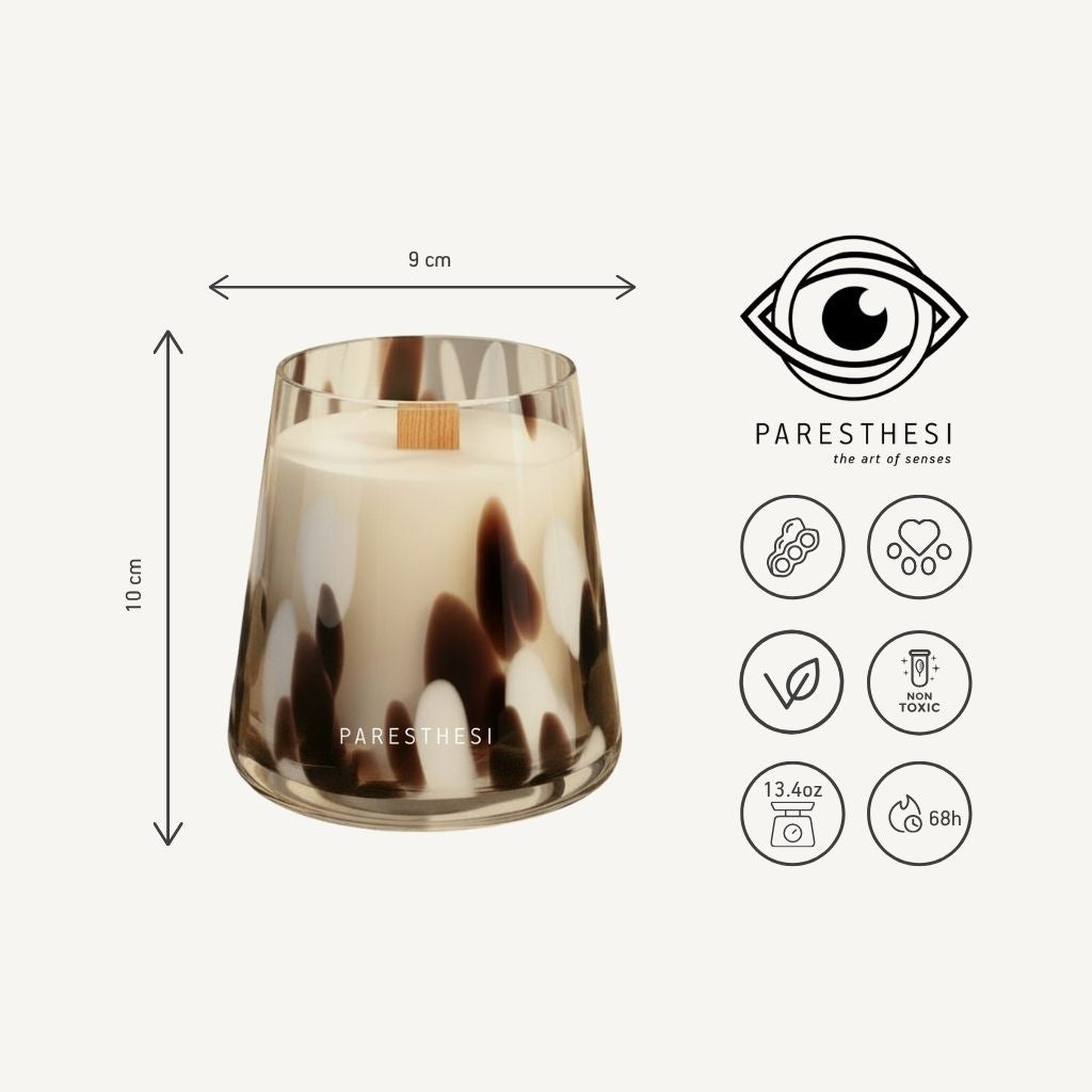 Candle with tortoiseshell pattern, dimensions ,and Paresthesi branding on a white background