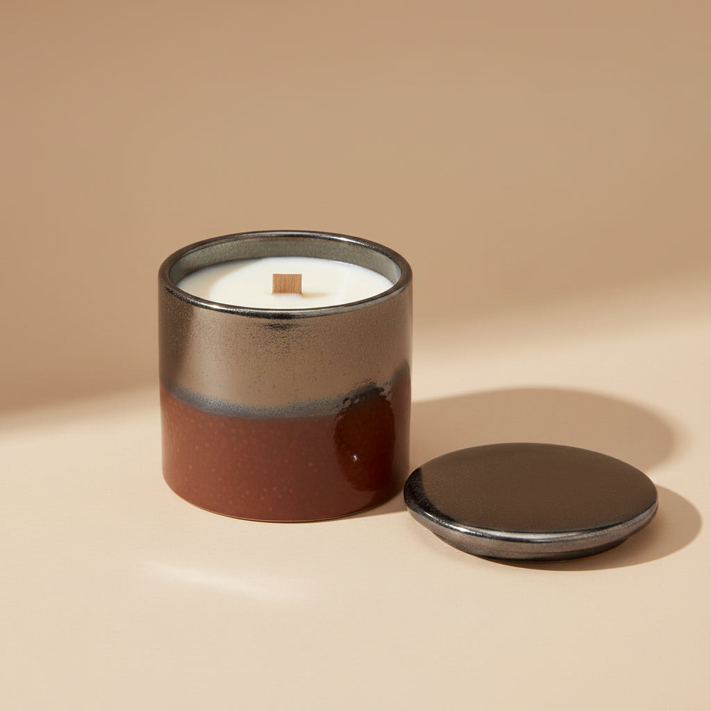 A ceramic candle jar with a white wax surface and a single wick, shown next to its matching metallic lid on a warm beige background.