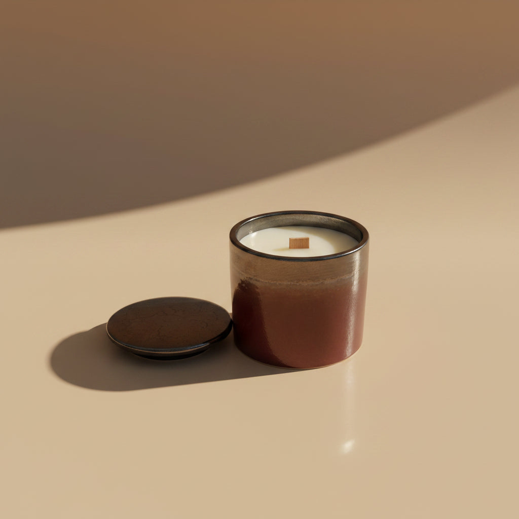 A ceramic candle jar with a white wax surface and a single wick, shown next to its matching metallic lid on a warm beige background.
