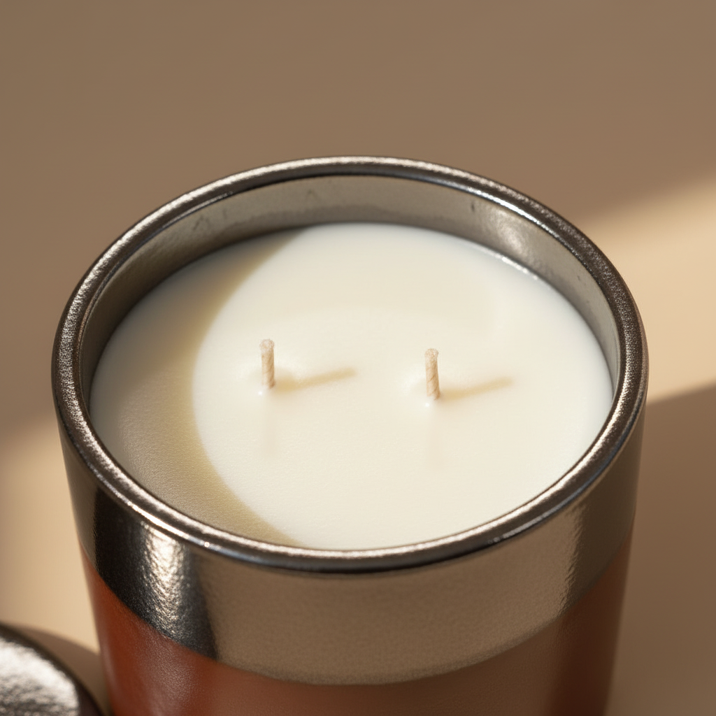 A close-up of a two-wick candle in a brushed silver metal container with a warm brown base, filled with creamy off-white wax, set against a matching beige background.