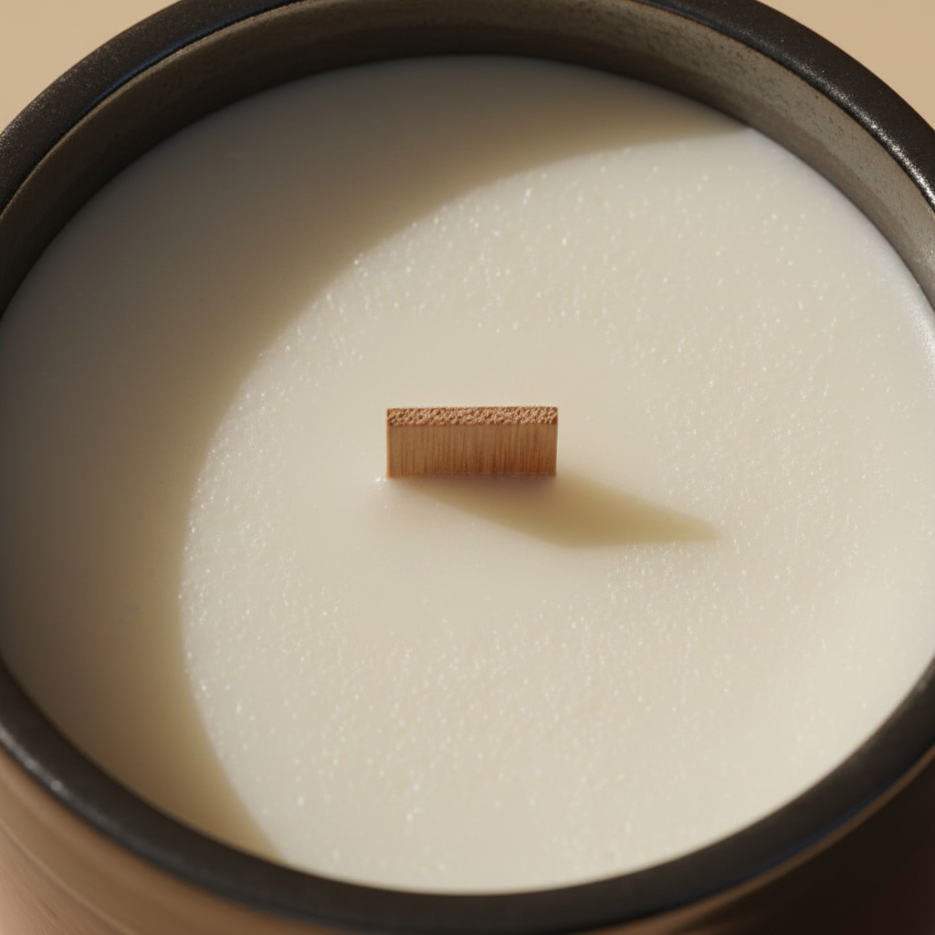 A close-up of a white wax candle in a ceramic container, featuring a small rectangular wooden wick in the center.
