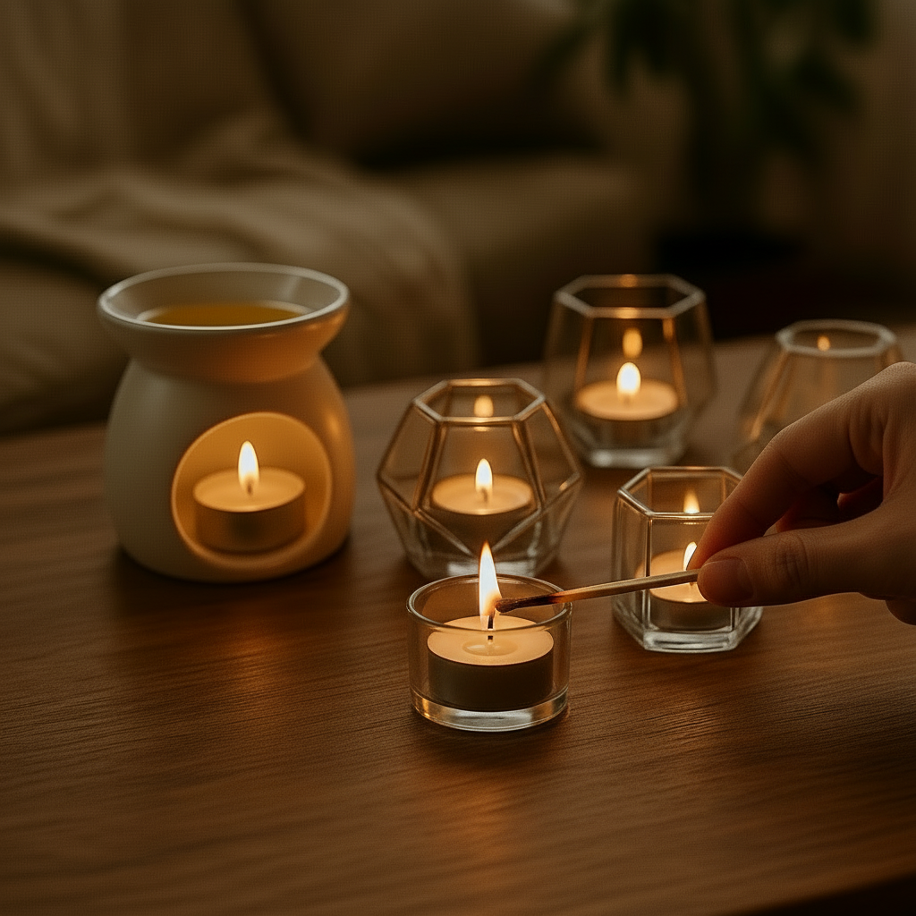Various candles and candle holders on a wooden surface with a warm glow.
