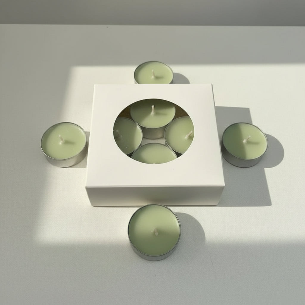 White box with four tealight candles inside on a light gray background