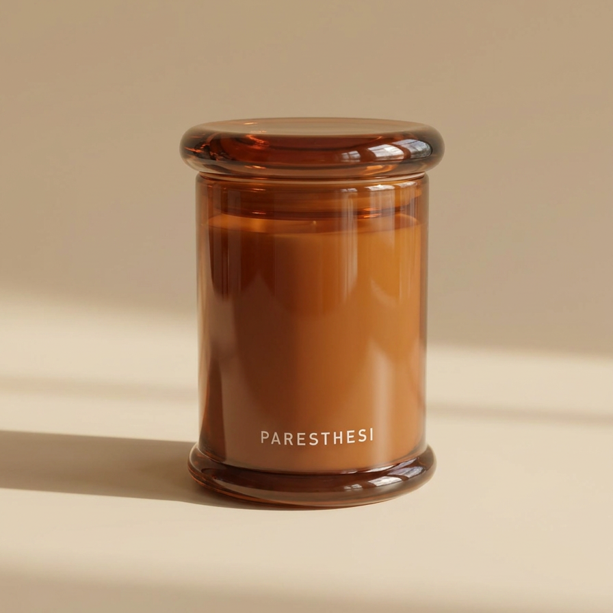 An amber glass jar candle with a matching amber lid, filled with soy wax. The brand name 'PARESTHESI' is printed in beige near the bottom of the jar.