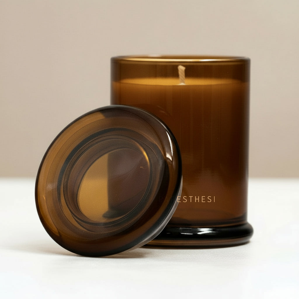 Brown candle with lid on a white surface and beige background, featuring the brand 'PARESTHESI'.