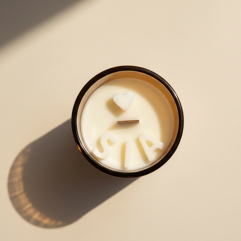 Candle with 3d letters and a heart in a caramel container on a beige background