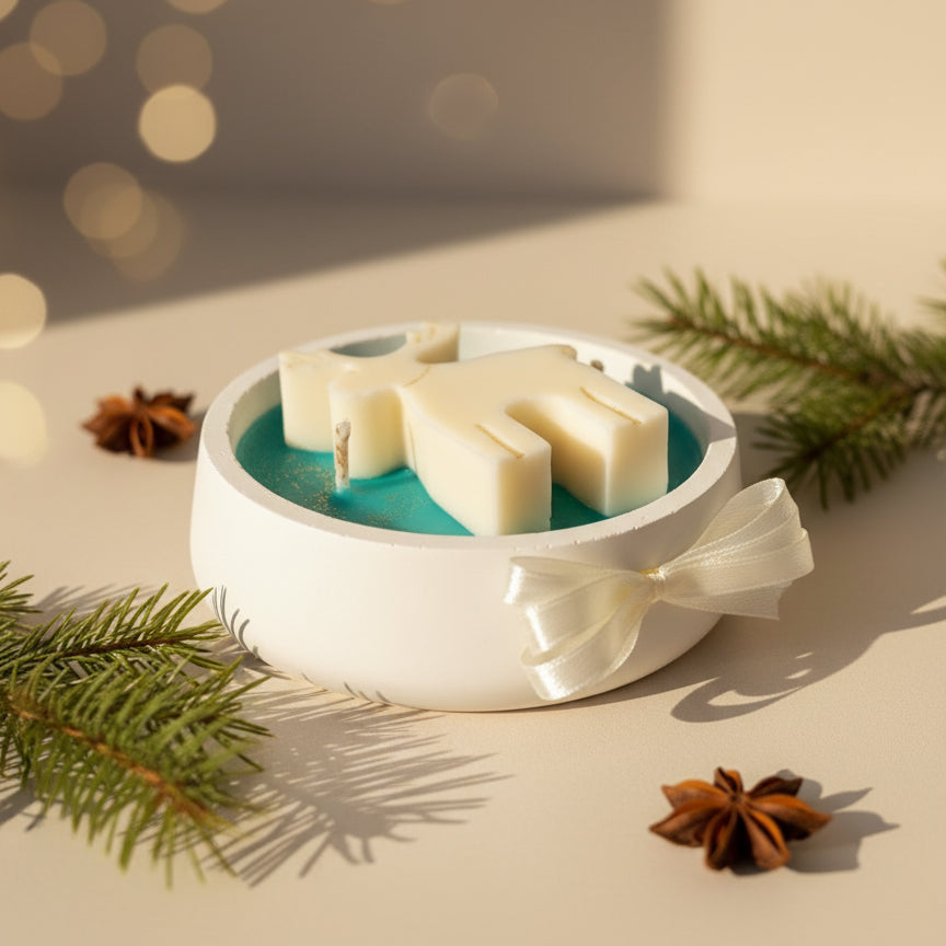 Soy candle in a white porcelain vessel with green base and reindeer on top, surrounded by pine branches and star anise on a beige surface.