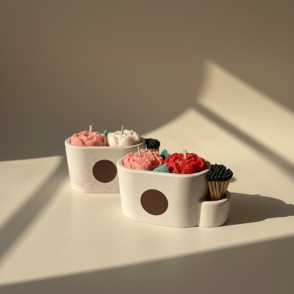 Two small porcelain containers with dark brown match stickers, each holding two flower-shaped candles in pink and red tones, with matchsticks in side holders, photographed on a light beige surface.