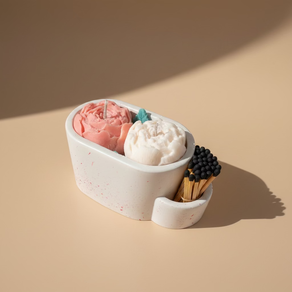 One small porcelain container holding two flower-shaped candles in pink and white, with matchsticks in side holder, photographed on a light beige surface.