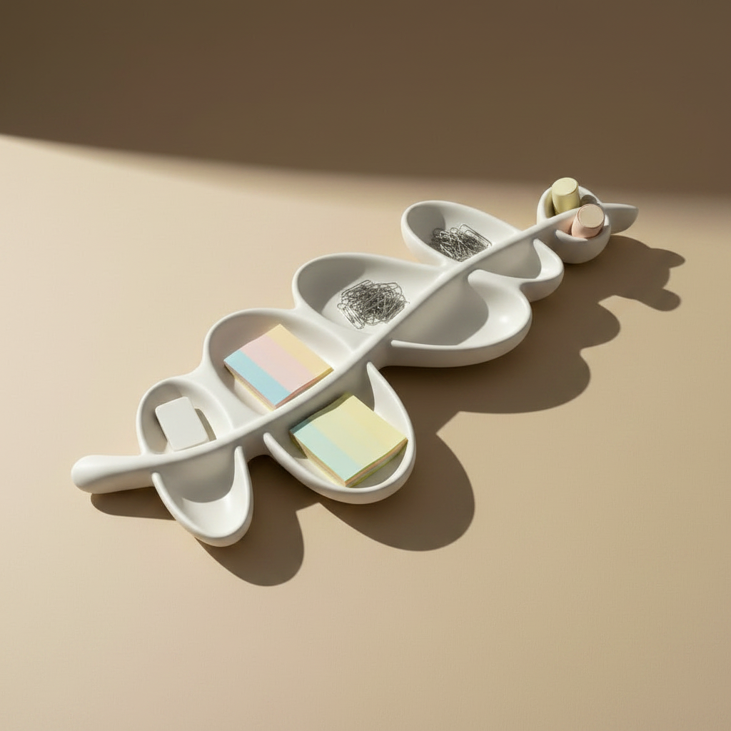 White leaf-shaped tray with compartments on a beige background