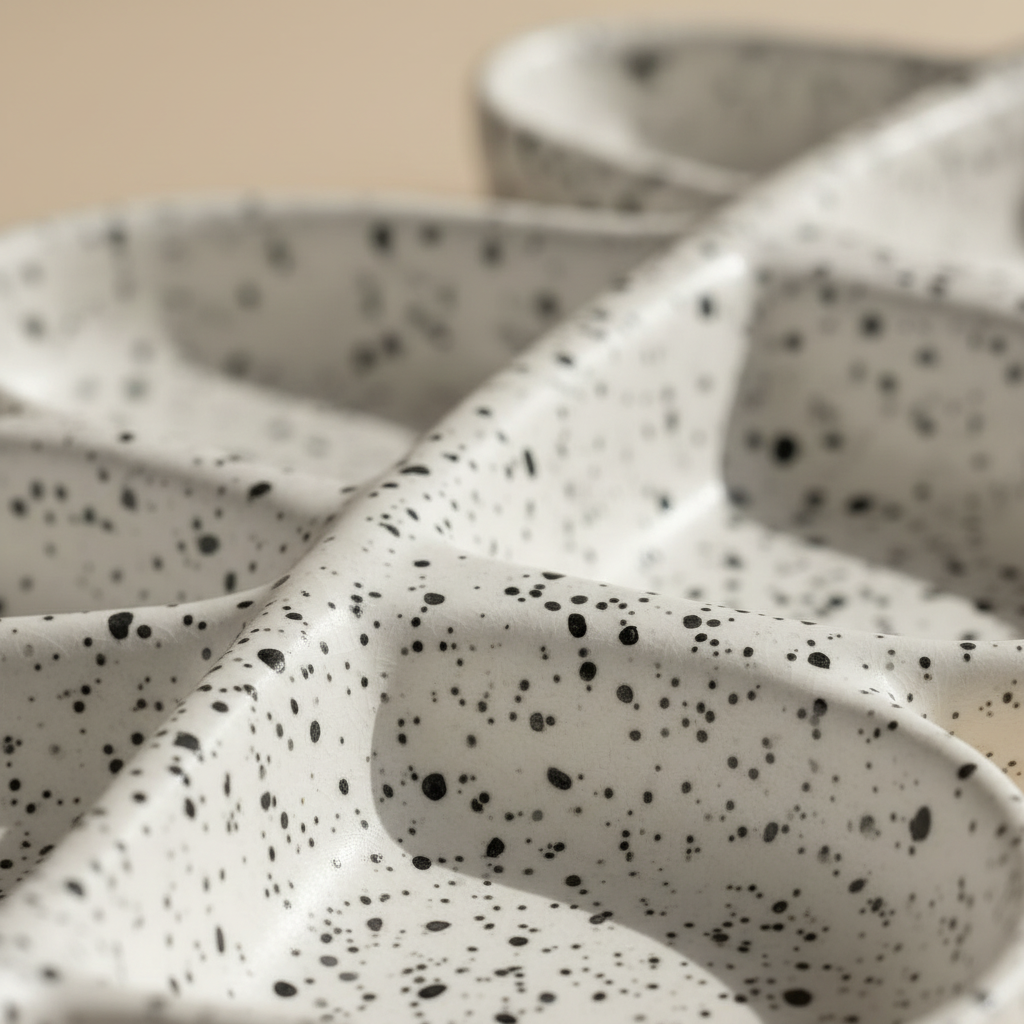 Close-up of speckled porcelain tray with black dots on a beige background