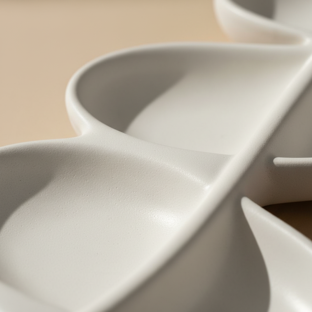 Close-up of a white porcelain tray with wavy design