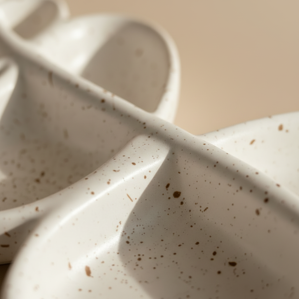 Close-up of a textured porcelain tray with speckled pattern on a beige background