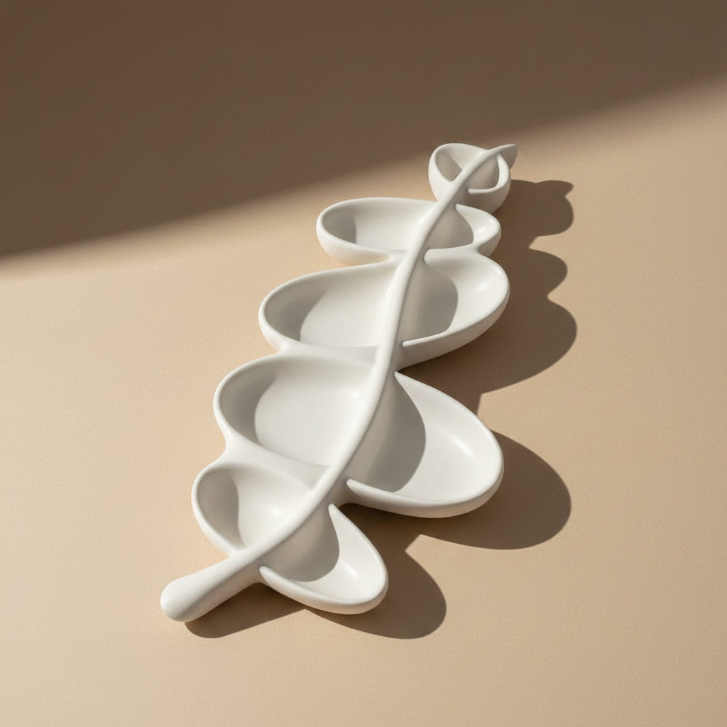 White porcelain tray decorative piece on a light gray background