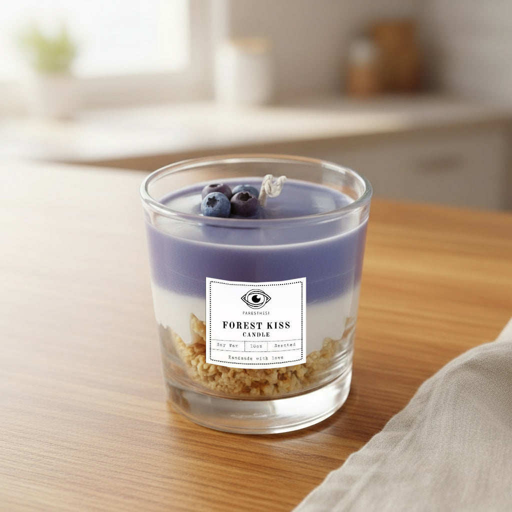 Candle labeled 'Forest Kiss' on a wooden surface with a blurred background