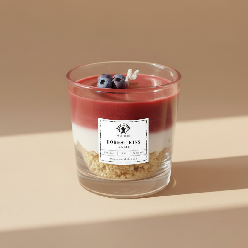 Candle labeled 'Forest Kiss' with berries on a beige background