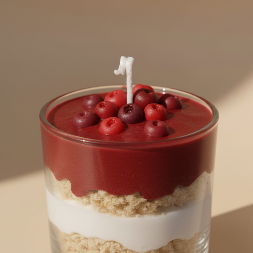 Candle in the shape of a cake with berries on a beige background