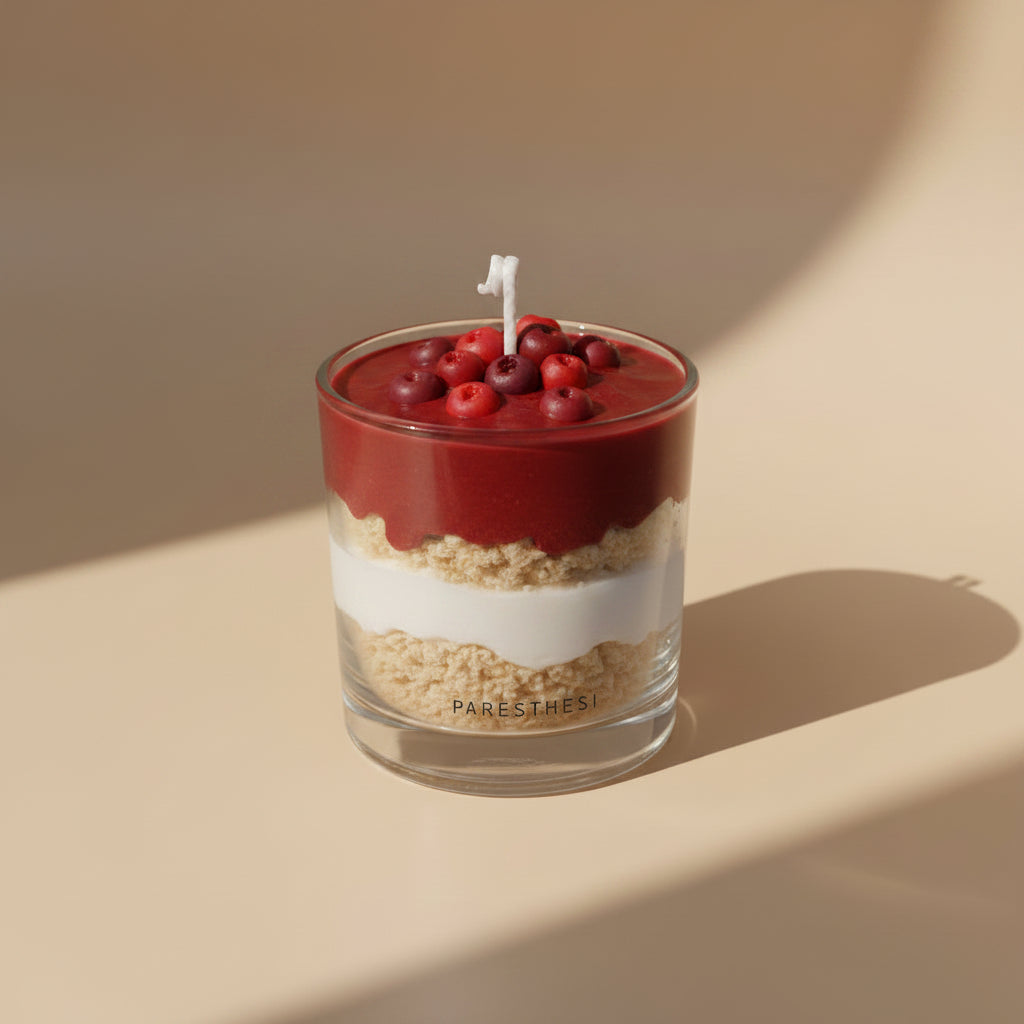 Candle in a glass container with layers of red, white, and brown, topped with berries, on a beige background.