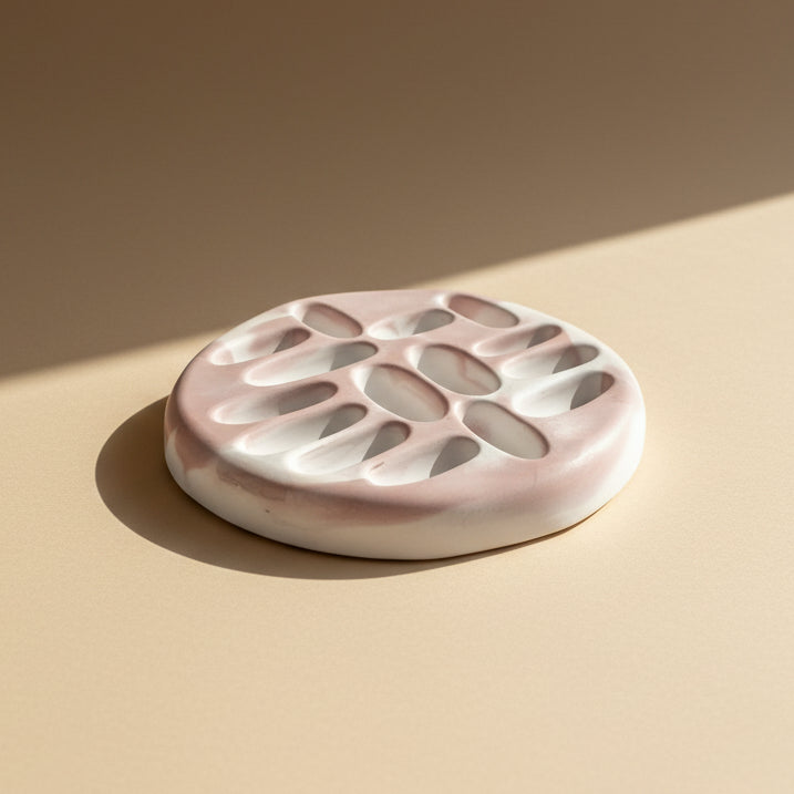 Porcelain jewelry tray with a marbled design on a beige background