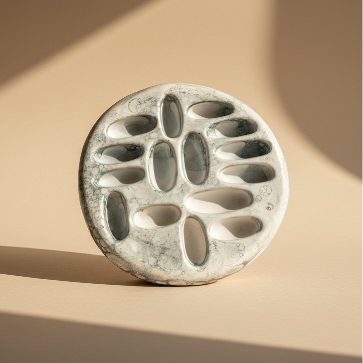 Porcelain jewelry tray with a marbled design on a beige background