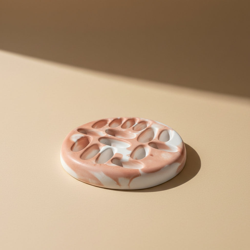 Porcelain jewelry tray with a marbled design on a beige background