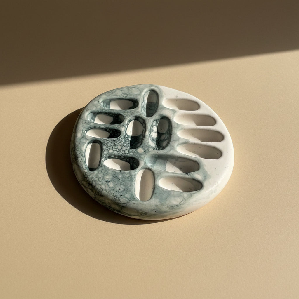 Porcelain jewelry tray with a marbled design on a beige background