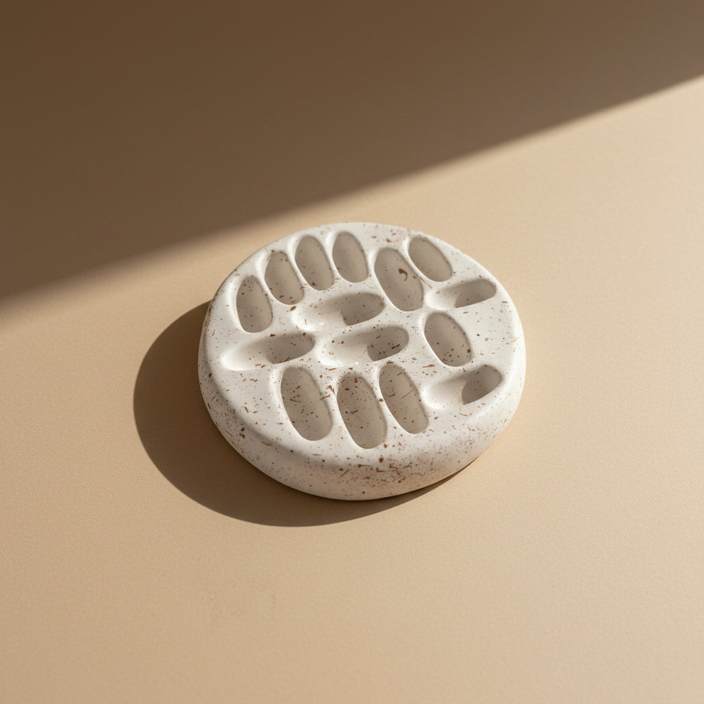 Porcelain jewelry tray with a speckled brown dots design on a beige background