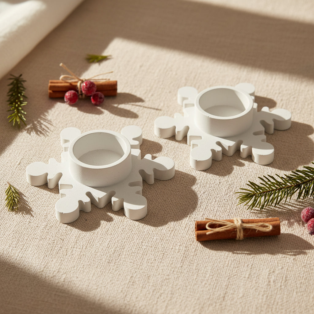 Two white snowflake-shaped candle holders on a beige surface with cinnamon sticks and berries.