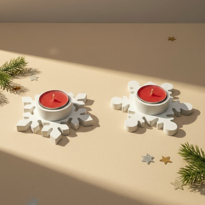 Two white snowflake-shaped candle holders with red candles on a beige surface with decorative stars and greenery.